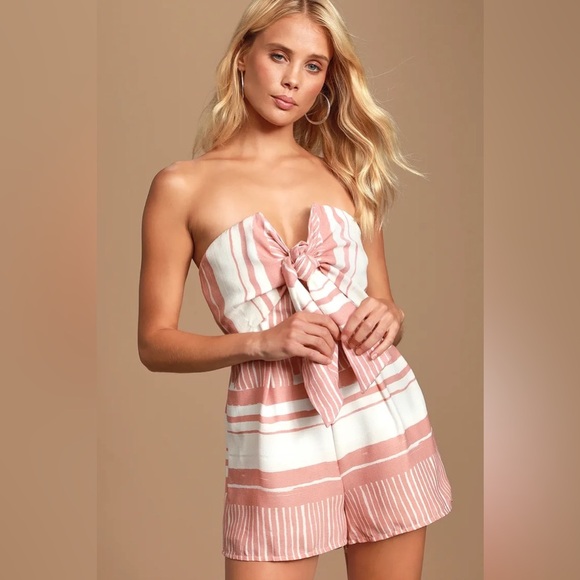 Delphi Peach and White Striped Tie-Front Strapless Romper size M - Picture 1 of 8